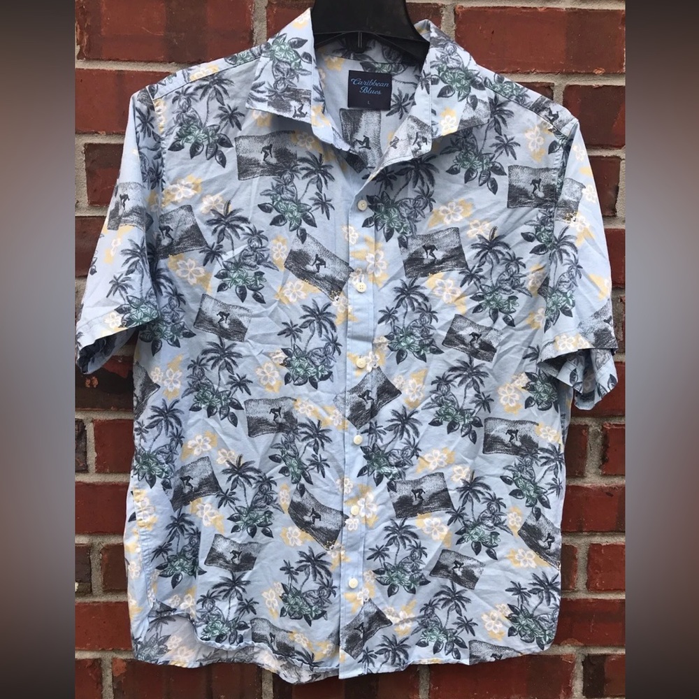 Caribbean Blues Mens Large Short Sleeve Button Up Shirt Hawaiian Surfer Floral